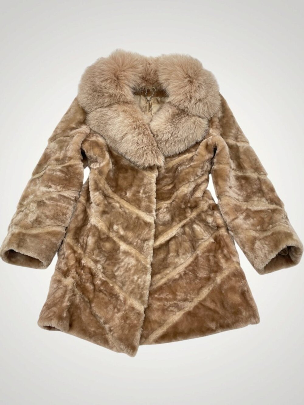 BONITTA Fox Fur Collar Mouton Sheepskin Chevron Winter Coat Jacket Women’s M